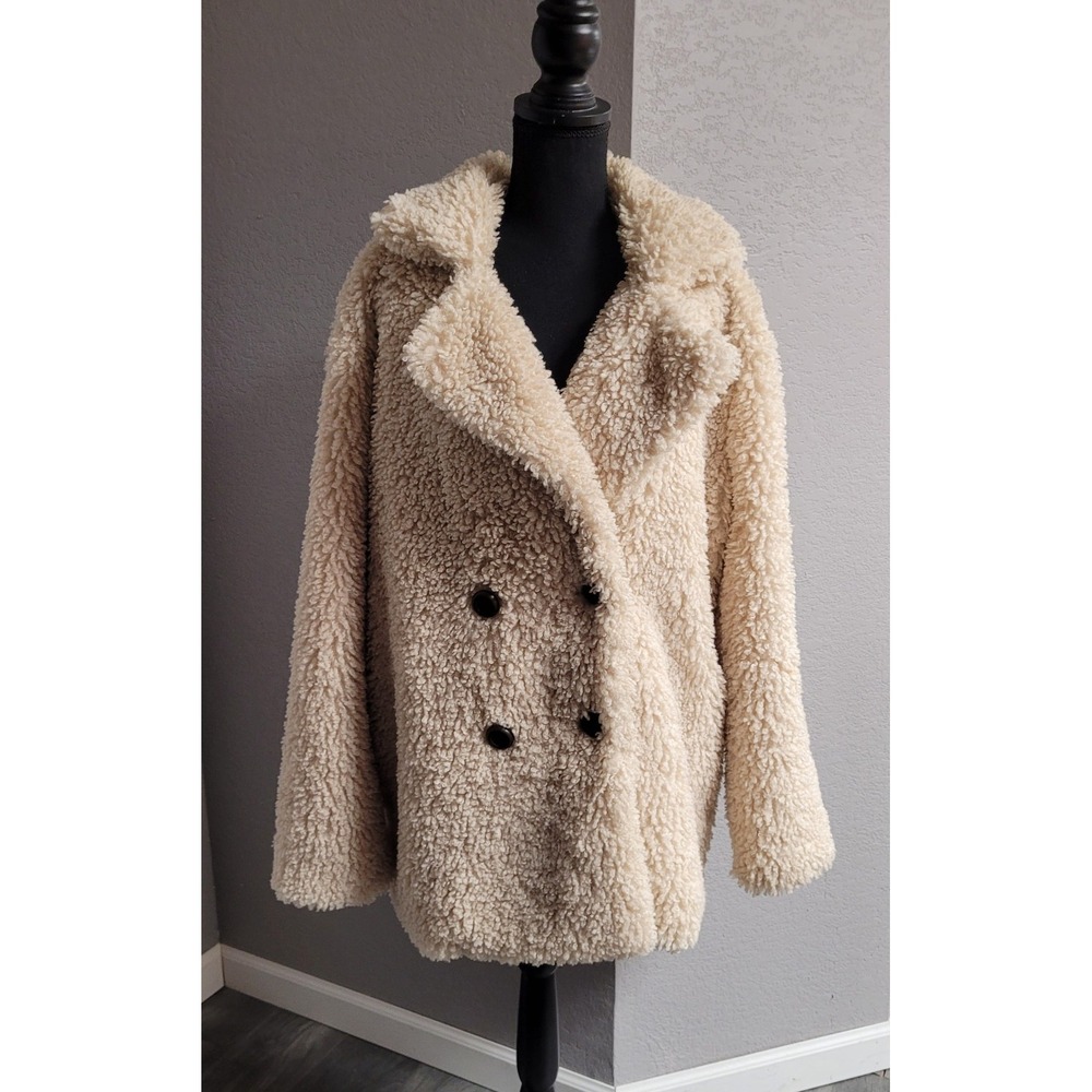 Boundless North Cream Shaggy Teddy Jacket Double Breasted Sherpa Peacoat Size L